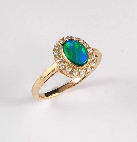 9ct Yellow Gold Oval Solid Opal and Diamond Ring